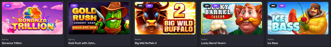 Voodoo Casino slot games including Bonanza Trillion, Gold Rush Johnny Cash Hold and Win, Big Wild Buffalo 2, Lucky Barrel Tavern and Ice Bass